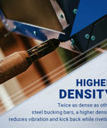 Person using angled tungsten bucking bar workhorse for riveting, showing higher density and reduced vibration in metalworking.