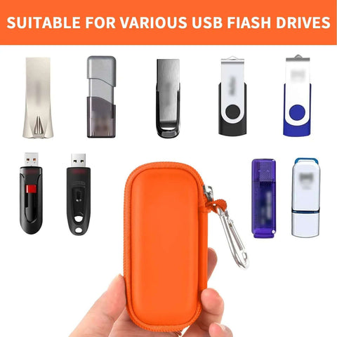 Dang Solid USB Flash Drive Case Plus SD Card Holder Bag For Thumb Drives displayed with various USB drives.