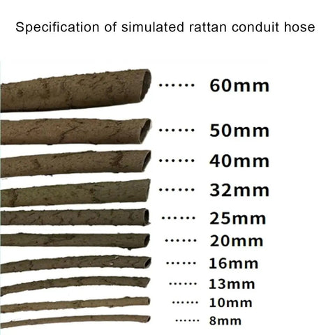 Specifications of artificial vine cable conduit tube sizes from 8mm to 60mm in simulated rattan. Ideal for wire management.