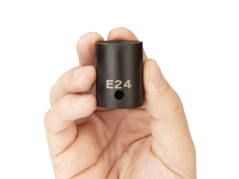 Hand holding Half Inch Drive E24 Shallow External Star Impact Socket For High Torque Slip Resistant Beefy 6 Lobe Fit Laser Marked