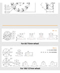 Technical diagrams for Omni Mecanum wheel set in 60/75mm and 100/127mm sizes, showing flange profiles and mounting holes