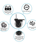 Diagram of features for Three Inch Stem Caster Wheels With Safety Dual Locking And Heavy Duty Threaded Stem Three Eighths By Sixteen Inches By One Point Five Inches, No Noise Swivel Rubber Castors With Sleeve For Industrial Furniture Projects And Moving Set Of Four, including silent rolling and 360-degree rotation.