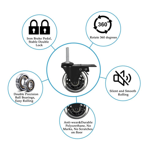 Diagram of features for Three Inch Stem Caster Wheels With Safety Dual Locking And Heavy Duty Threaded Stem Three Eighths By Sixteen Inches By One Point Five Inches, No Noise Swivel Rubber Castors With Sleeve For Industrial Furniture Projects And Moving Set Of Four, including silent rolling and 360-degree rotation.