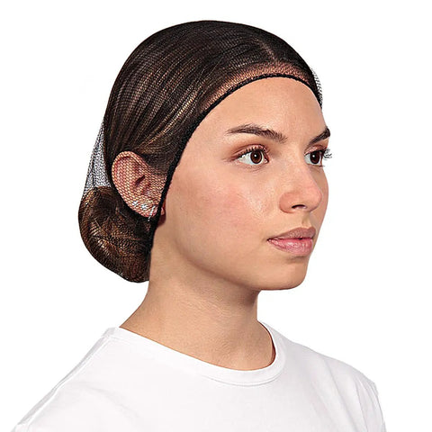 Person wearing Disposable Hair Nets For Food Service Nylon Caps Breathable Honeycomb 24 Inch Head Size Lightweight Comfortable Fit