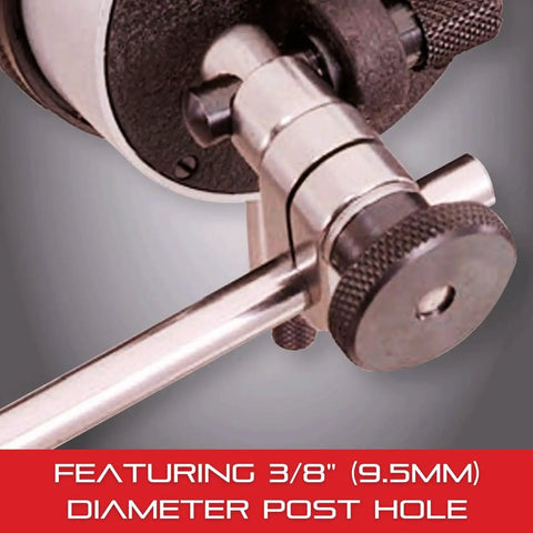 Close-up of complete snug assembly with 3/8 inch post hole for precision dial indicator kit PT18724, metal components