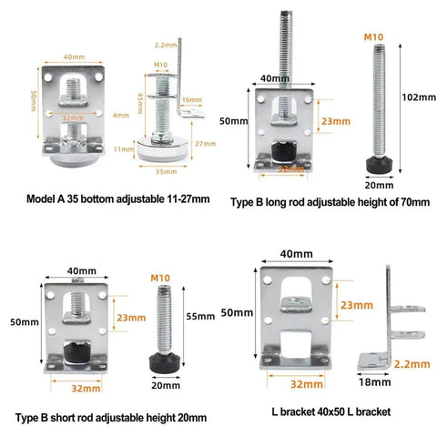 Ten Pieces Adjustable Leveling Feet Heavy Duty Height Adjusters dimensions and models for cabinets and tables