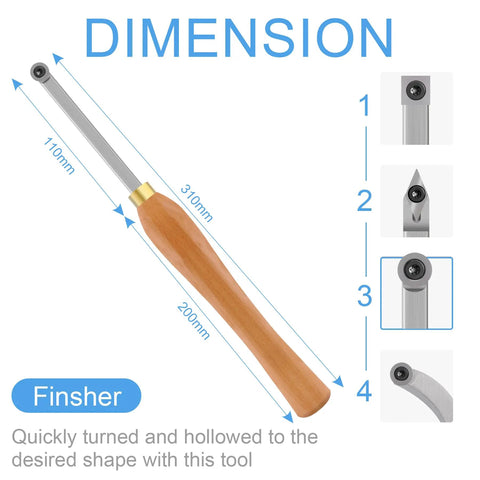 Pocket Size Woodturning Finisher Tool With 12mm Round Carbide Insert, dimensions shown, ideal for precise hollowing.