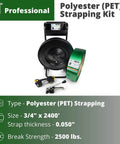 3/4 Inch X 2400 Ft Polyester PET Strapping Kit With 2500 Lb Break Strength, Battery Powered Sealer, Industrial Tensioner shown