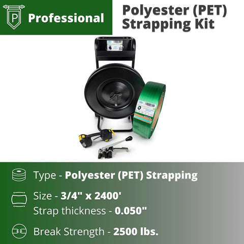 3/4 Inch X 2400 Ft Polyester PET Strapping Kit With 2500 Lb Break Strength, Battery Powered Sealer, Industrial Tensioner shown