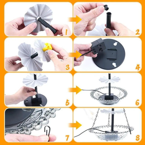 Assembly steps for Solar Cascade Hanging Bird Bath Fountain With Solar Pump And Bowl, showing parts and installation process.