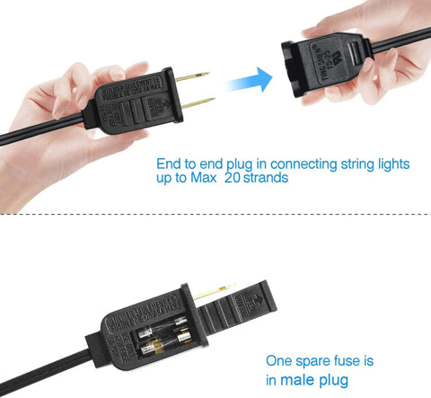 Close-up of end-to-end plug for 2 Pack 100ft Outdoor String Lights With G40 Shatterproof LED Bulbs, Dimmable, Waterproof