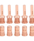 Solid Prime Kit For Plasma Cutter With 5 Brass Nozzles And Electrodes Fit PMX 30AIR Torch, 5 brass nozzles and 5 electrodes arranged.