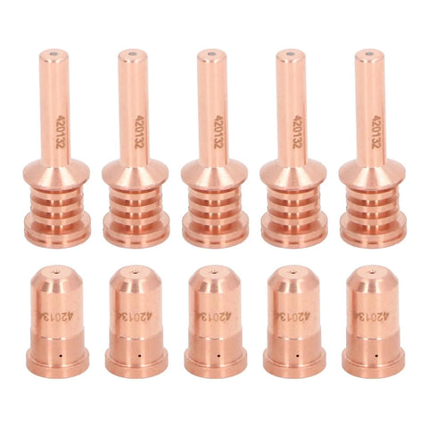 Solid Prime Kit For Plasma Cutter With 5 Brass Nozzles And Electrodes Fit PMX 30AIR Torch, 5 brass nozzles and 5 electrodes arranged.