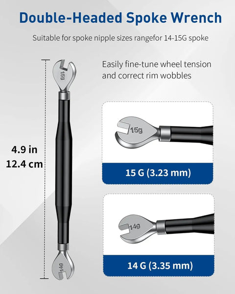 Double-headed spoke wrench 4.9in length for 14-15G nipple sizes, from All In One Bike Spoke Wrench Kit For Pros And Weekend Riders.