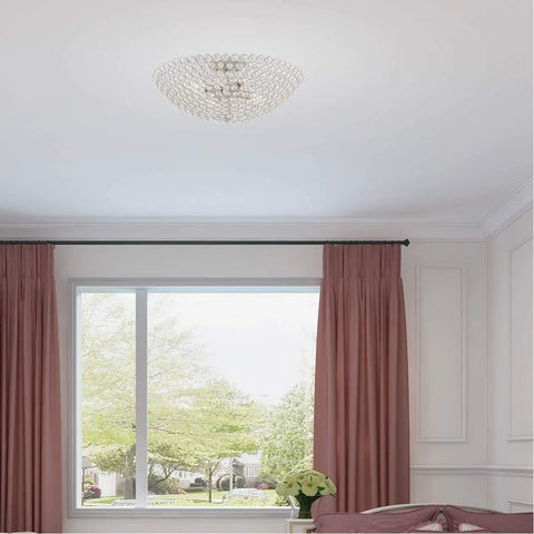 Cassandra 4 Light Brushed Nickel Ceiling Mount Fixture With K9 Crystal Glass for modern vibe in elegant living room.
