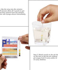 Ultra Accurate pH Test Strips 0-14 With 0.5 Precision, 100 Strips Litmus Paper demonstrating use in liquid and pH color chart.