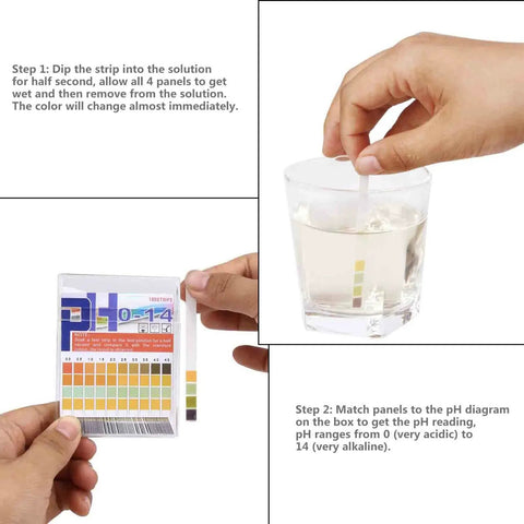 Ultra Accurate pH Test Strips 0-14 With 0.5 Precision, 100 Strips Litmus Paper demonstrating use in liquid and pH color chart.