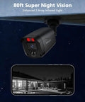 5MP Wired CCTV Camera System With 122 Degree Wide Angle 4 Channel DVR Kit With Monitor IP66 Indoor Outdoor Cameras 65 Foot IR Night Vision Free App No Subscription Fee Remote Access showcasing night vision capabilities and smartphone interface.