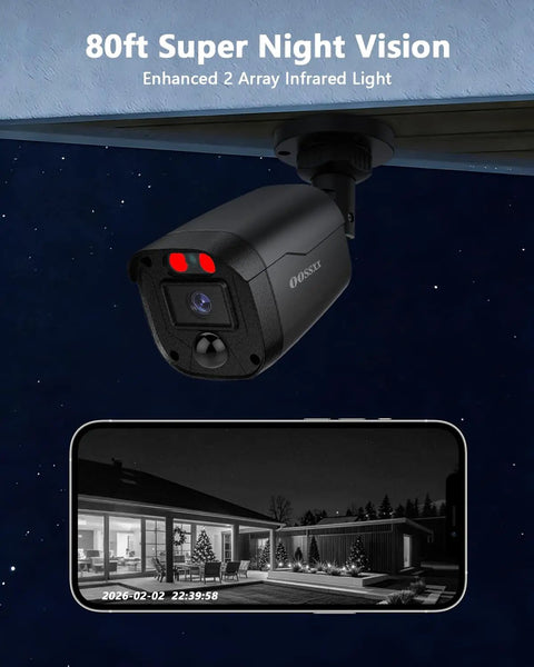 5MP Wired CCTV Camera System With 122 Degree Wide Angle 4 Channel DVR Kit With Monitor IP66 Indoor Outdoor Cameras 65 Foot IR Night Vision Free App No Subscription Fee Remote Access showcasing night vision capabilities and smartphone interface.