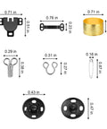 Assorted pieces from 112 Pairs Sewing Hooks And Eyes Closure Kit For Pro Grade DIY Fashion Projects with dimensions.