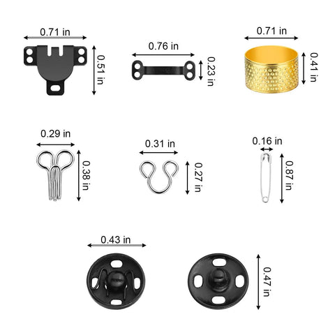 Assorted pieces from 112 Pairs Sewing Hooks And Eyes Closure Kit For Pro Grade DIY Fashion Projects with dimensions.