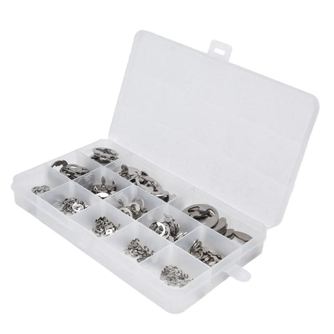 Open box with stainless steel retaining ring kit, 400 pcs circlip assortment for transmission shafts and gears, sizes 1.5mm to 15mm.