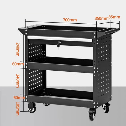 Built Tough Heavy Duty Steel Push Cart With Three Tier Shelves Lockable Drawer And Pegboard Organizer For Garage Shop Setup Smooth Gliding Casters On Hard Surfaces