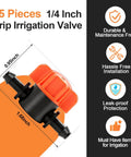 Product dimensions of 25 Pack One Quarter Inch Drip Irrigation Shut Off Valves with inline design and barbed fittings.