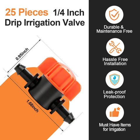 Product dimensions of 25 Pack One Quarter Inch Drip Irrigation Shut Off Valves with inline design and barbed fittings.