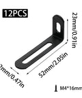 Rock Solid Heavy Duty L Brackets 12 Pack Black Steel Corner Supports 2X1X0.5 Inch angle view with dimensions for DIY projects.
