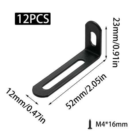 Rock Solid Heavy Duty L Brackets 12 Pack Black Steel Corner Supports 2X1X0.5 Inch angle view with dimensions for DIY projects.