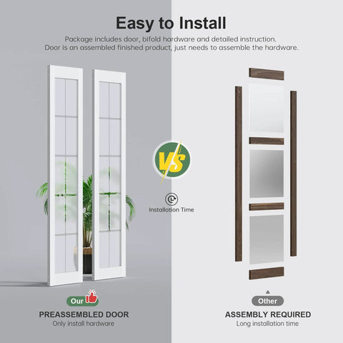 Comparison of preassembled Bifold Barn Door 36x84 Inch Double 18x84 Transparent White Frosted Glass Cross Sliding Door and other unassembled doors