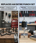 Universal Transfer Punch Center Aligner Tool Set For Precision Centering And Hole Transfer CNC Made Hardened Cone Guide With Knurled Grip Punch Tools Kit For Accurate Drilling And Alignment Set Of Both on workbench
