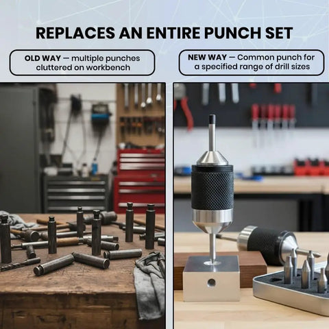 Universal Transfer Punch Center Aligner Tool Set For Precision Centering And Hole Transfer CNC Made Hardened Cone Guide With Knurled Grip Punch Tools Kit For Accurate Drilling And Alignment Set Of Both on workbench