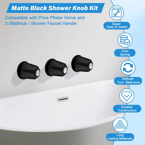 Matte Black Metal Shower Knob Set 3 Piece Replacement for Verve Tub and Shower Handle mounted on wall above bathtub