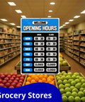 Blue PET Business Hours Sign Kit For Store Glass Door With Number Stickers And Double Sided Tape 7.9 By 11.9 Inches Easy Install Perfect For Shops Cafes And Restaurants displayed in a grocery store aisle with produce