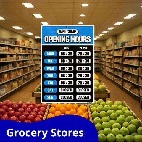 Blue PET Business Hours Sign Kit For Store Glass Door With Number Stickers And Double Sided Tape 7.9 By 11.9 Inches Easy Install Perfect For Shops Cafes And Restaurants displayed in a grocery store aisle with produce