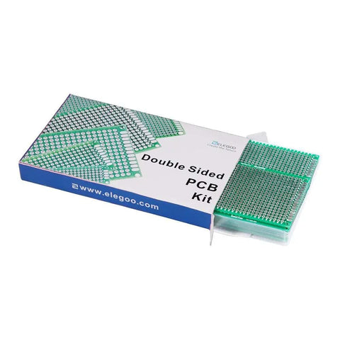 32 Piece Double Sided PCB Board Prototype Kit with box and boards visible, suitable for DIY soldering and Arduino projects.