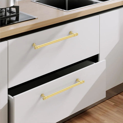 10 Pack 7.5 Inch Brushed Gold Cabinet Pulls For Kitchens Solid Zinc Alloy Cabinet Handles on white kitchen drawers
