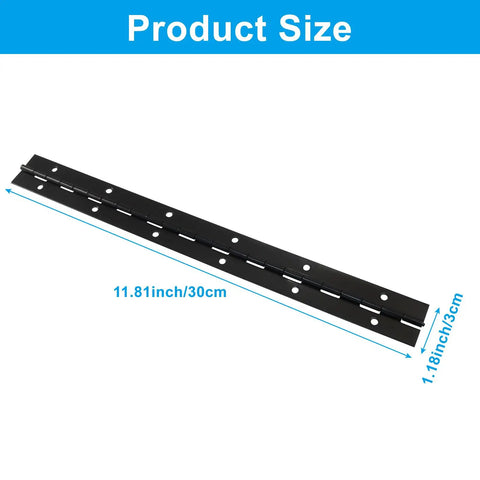 Heavy Duty Rock Solid 304 Stainless Steel Piano Hinges 2 Pack 12 Inch Continuous Door Hinge Pre Drilled shows 11.81x1.18in black hinge.