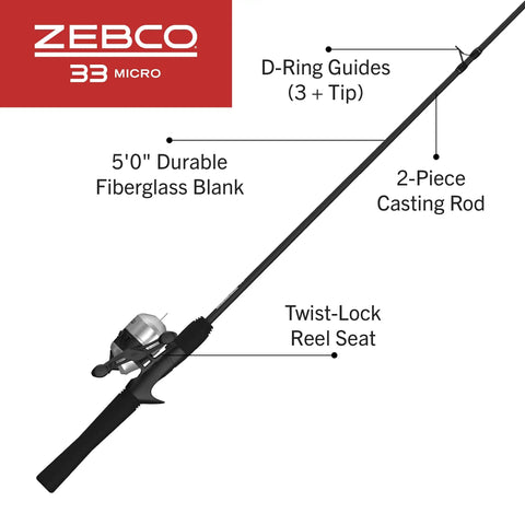 Diagram of Micro Spincast Reel and Rod Combo for Beginners with a Five Foot Two Piece Rod, Durable Fiberglass Pole, and D-Ring Guides