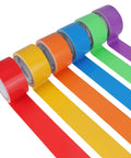6 Pack Rainbow Colored Duct Tape, 15 Yards Each Roll, 2 Inches Wide, Heavy Duty Tear By Hand, Waterproof And Residue Free, shown in red, orange, yellow, green, blue, and purple.