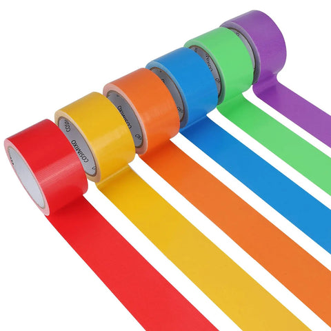 6 Pack Rainbow Colored Duct Tape, 15 Yards Each Roll, 2 Inches Wide, Heavy Duty Tear By Hand, Waterproof And Residue Free, shown in red, orange, yellow, green, blue, and purple.