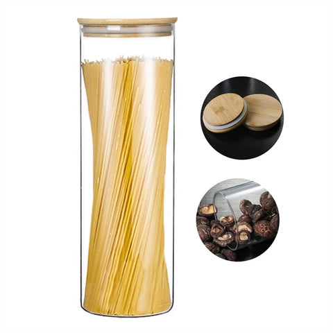 Heavy Glass Coffee Canister 2200Ml Wide Mouth Airtight Food Storage Jar For Tea Sugar Beans And Nuts with pasta inside.