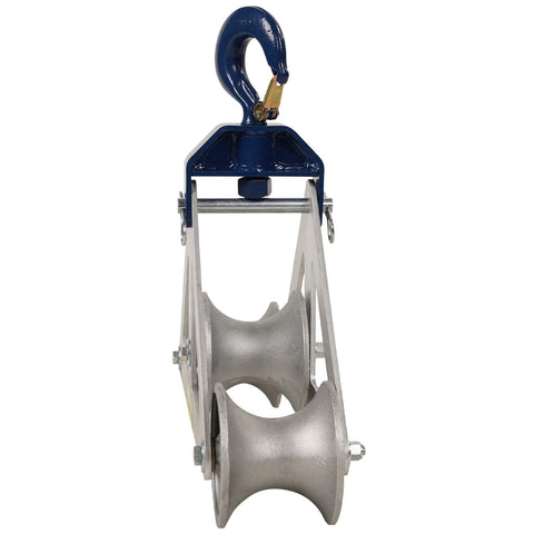 Front view of Triangle Sheave Cable Guide with 6500 lb capacity, lightweight aluminum frame, pinned steel yoke, adjustable pull radius.