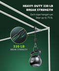 Heavy Duty Adjustable Rope Hanger Set With Ratchet Straps And Pulley Gear Four Pack One Eighth Inch Rope hanging 75 lb weight demonstration
