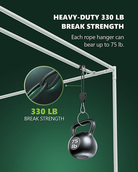 Heavy Duty Adjustable Rope Hanger Set With Ratchet Straps And Pulley Gear Four Pack One Eighth Inch Rope hanging 75 lb weight demonstration