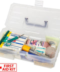 12-Inch ProBox Plastic Storage Toolbox For Art Supplies And Crafts with various first aid items like bandages and scissors inside.