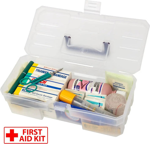12-Inch ProBox Plastic Storage Toolbox For Art Supplies And Crafts with various first aid items like bandages and scissors inside.