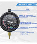Front view of a black round automotive fuel pump and vacuum tester gauge with brass connector.